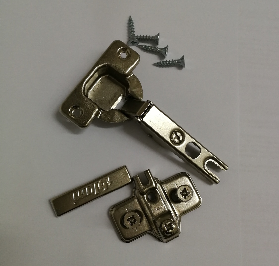 Комплект накладной петли Blum Modul 100° никель под саморезы, с пружиной арт.P002 Комплект накладной петли Blum Modul 100° никель под саморезы, с пружиной арт.P002